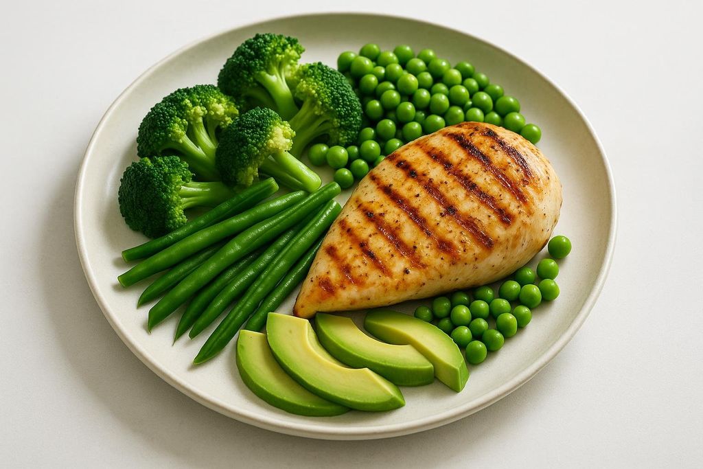 A healthy meal with a grilled chicken breast, green beans, peas, broccoli florets, and sliced avocado, neatly arranged on a white plate.
