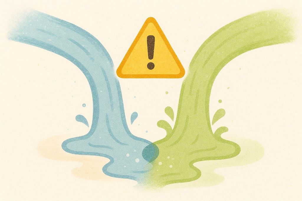 Illustration of two colored streams, one blue and one green, merging together. A yellow warning triangle with an exclamation mark is placed at their intersection, symbolizing potential drug-supplement interactions.