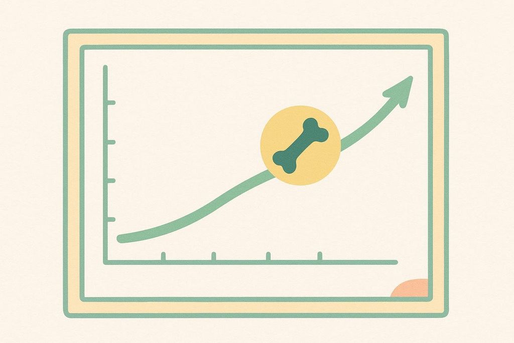 Simple line graph showing a positive upward trend, symbolizing improved bone density over time with a bone icon on the line.