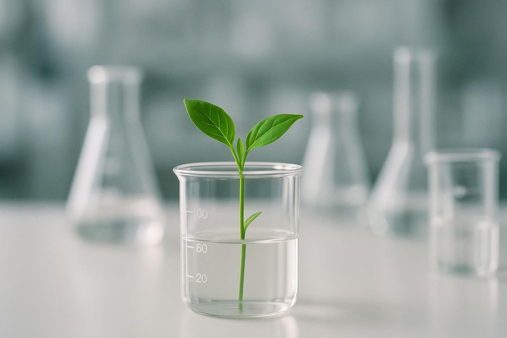 A vibrant green plant sprout with two leaves growing in a laboratory beaker filled with clear liquid. The beaker has measurement markings. In the blurred background, other laboratory glassware like flasks are visible, suggesting scientific research or botanical experimentation.