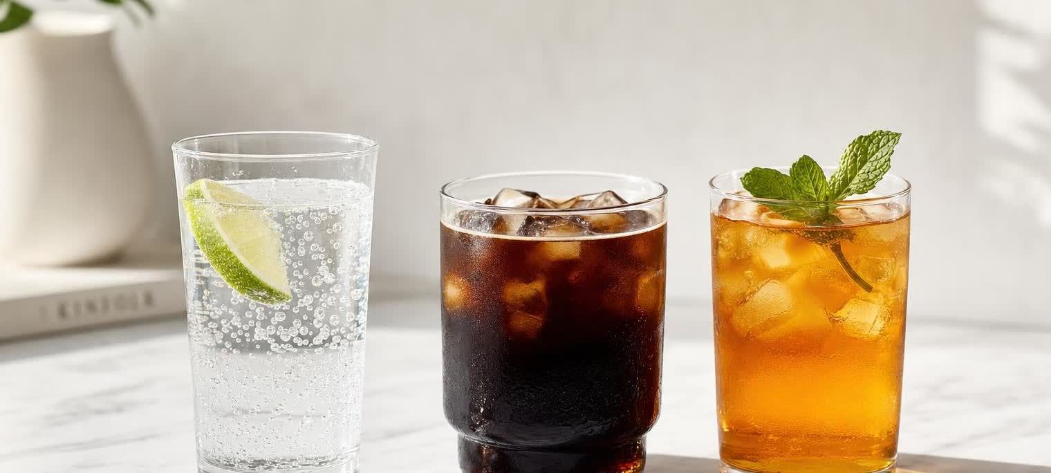 Three glasses containing sparkling water with a lime wedge, iced black coffee, and iced tea with mint on a marble counter. They are all tall, clear glasses filled with ice and beverages, creating a refreshing scene.