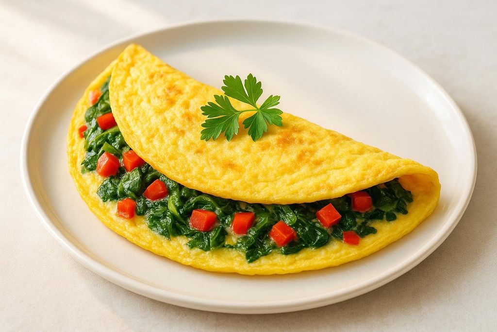 A golden yellow omelet, filled with vibrant green spinach and diced red bell peppers, garnished with a sprig of parsley, served on a white plate.