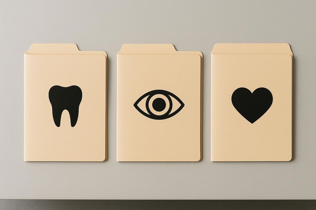 Three beige folders are aligned side-by-side on a light gray background. Each folder displays a black icon: a tooth on the left, an eye in the center, and a heart on the right. These icons represent dental, vision, and health records or appointments respectively.