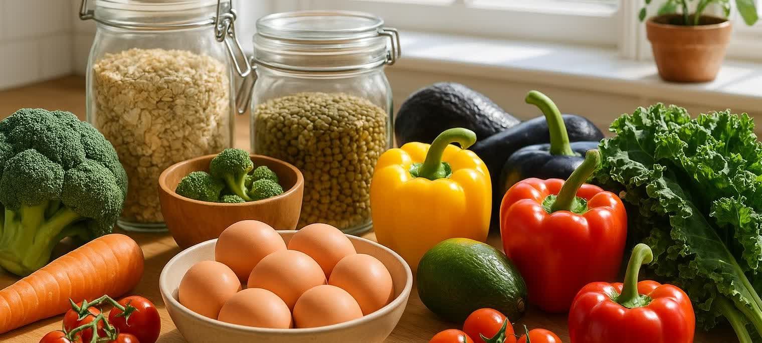 A close-up view of a kitchen counter showcasing a variety of fresh and healthy foods including bell peppers, broccoli, carrots, kale, avocados, eggs in a bowl, cherry tomatoes, and jars filled with oats and lentils. A subtle houseplant sits in the background.
