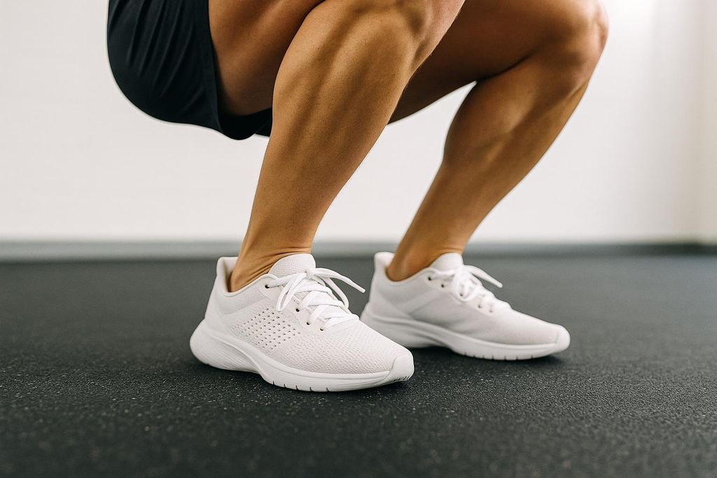 Close-up on an athlete's feet demonstrating a safe, soft landing on a rubber gym floor. The athlete is wearing white athletic shoes and black shorts, with their knees bent in a squatting position. The focus is on the feet and lower legs, highlighting the proper form for minimizing impact.
