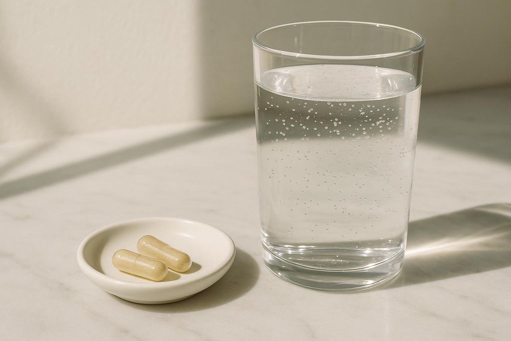 Two light-colored supplement capsules sit in a small white dish next to a clear glass of water with bubbles, all on a light-colored surface with shadows.