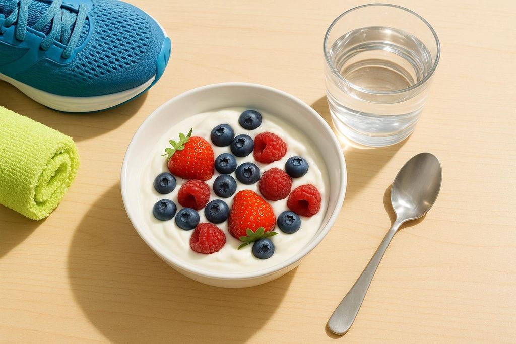 A white bowl of Greek yogurt with fresh blueberries, raspberries, and strawberries sits next to a glass of water, a silver spoon, a rolled green hand towel, and the toe of a blue running shoe on a light wooden surface. It depicts a healthy post-workout recovery meal.