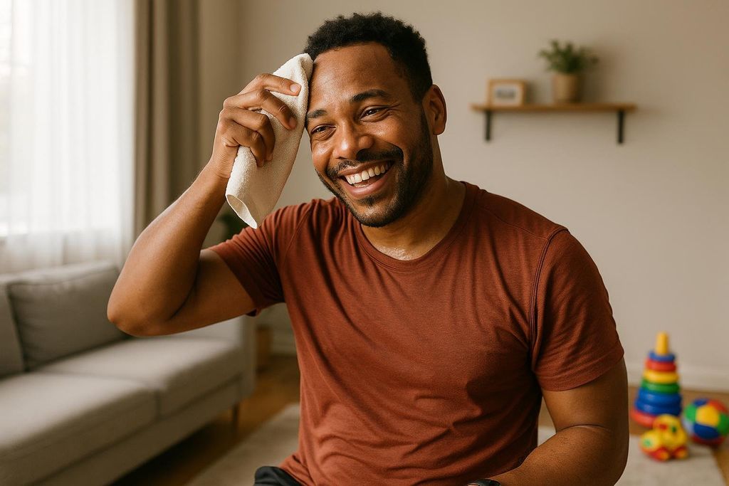 A smiling man, possibly a parent, wipes sweat from his forehead with a towel after a home workout. Children's toys are blurred in the background, suggesting a home setting.