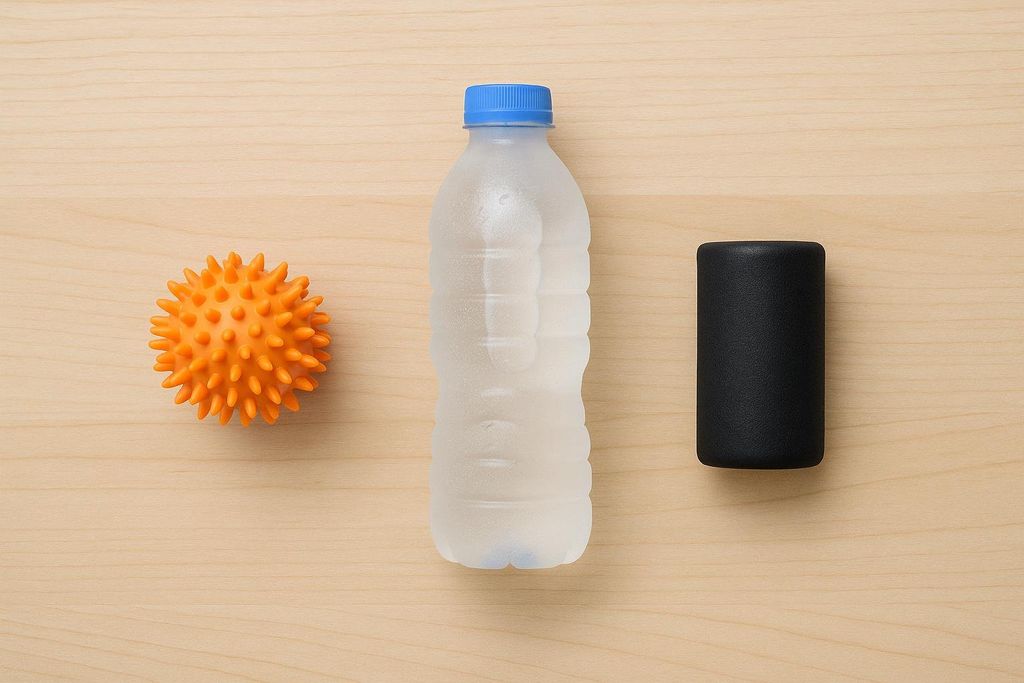 A flat lay of self-massage tools for plantar fasciitis including an orange spiky massage ball, a frosty frozen water bottle, and a black mini foam roller on a light wood background.