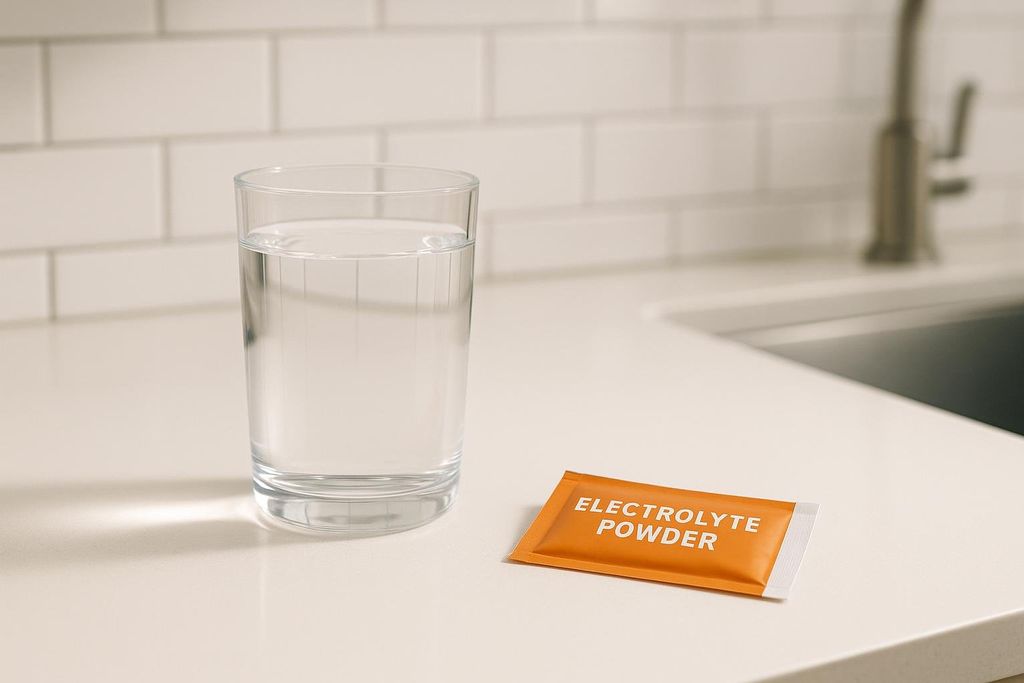 A clear glass of water sits next to a small orange packet labeled 'ELECTROLYTE POWDER' on a light-colored kitchen counter with a white subway-tiled backsplash and a sink in the background.