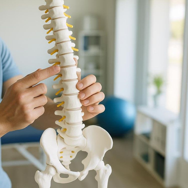 Close-up of a person's hands holding and pointing to a detailed anatomical model of the human spine and pelvis, with a blurred clinic or office background.