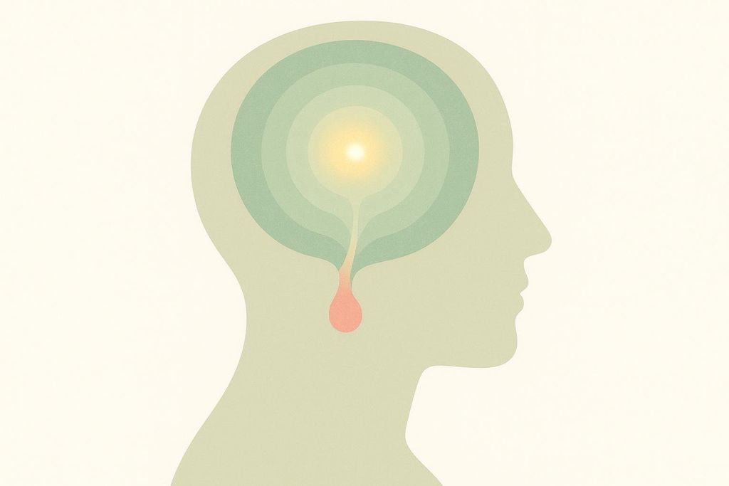 A stylized illustration of a human head in silhouette, with a light emanating from within the brain, focusing on the pituitary gland area. A teardrop-shaped orange droplet descends from this area, symbolizing the release of growth hormone.