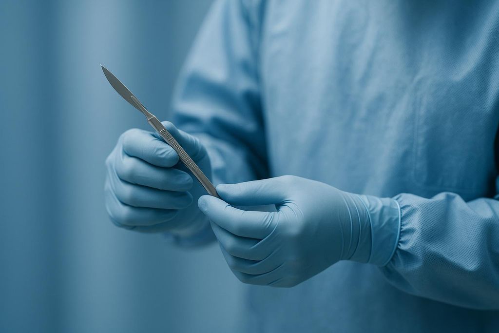Close-up of a surgeon's gloved hands in light blue medical scrubs, holding a gleaming silver scalpel.