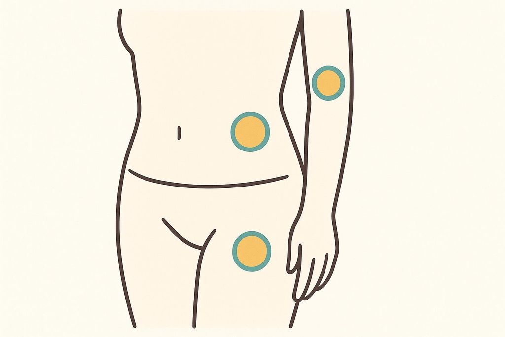 An illustration showing three recommended injection sites on a body: one on the upper arm, one on the abdomen near the hip, and one on the upper thigh. These indicate areas for rotating injections.