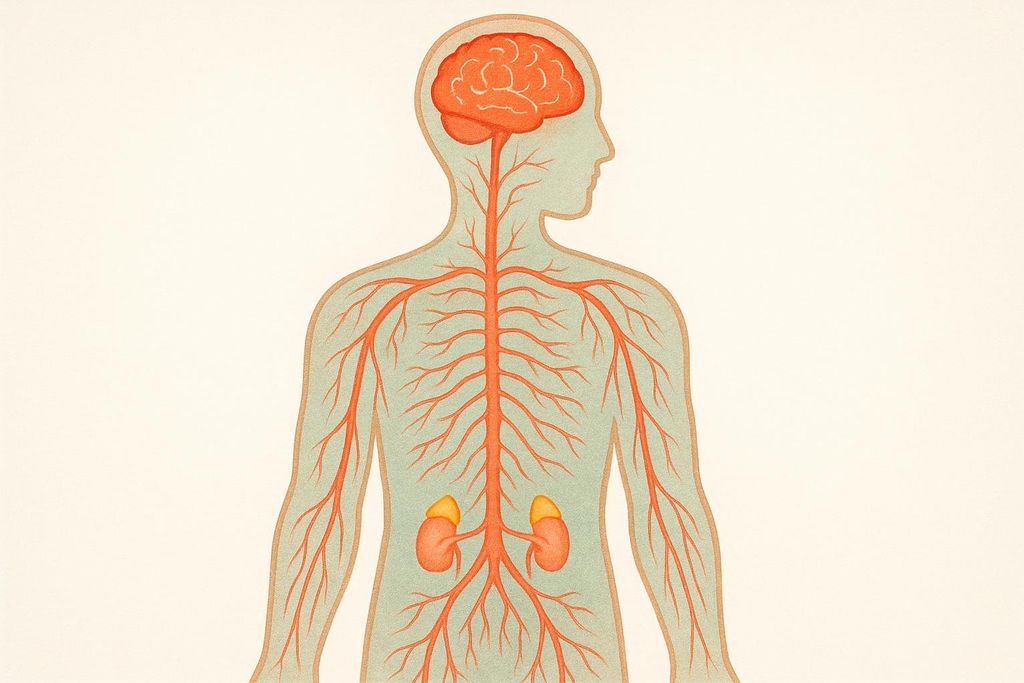 An illustration of the human nervous system with the brain, spinal cord, nerves, and adrenal glands highlighted in orange and yellow against a light blue body outline.