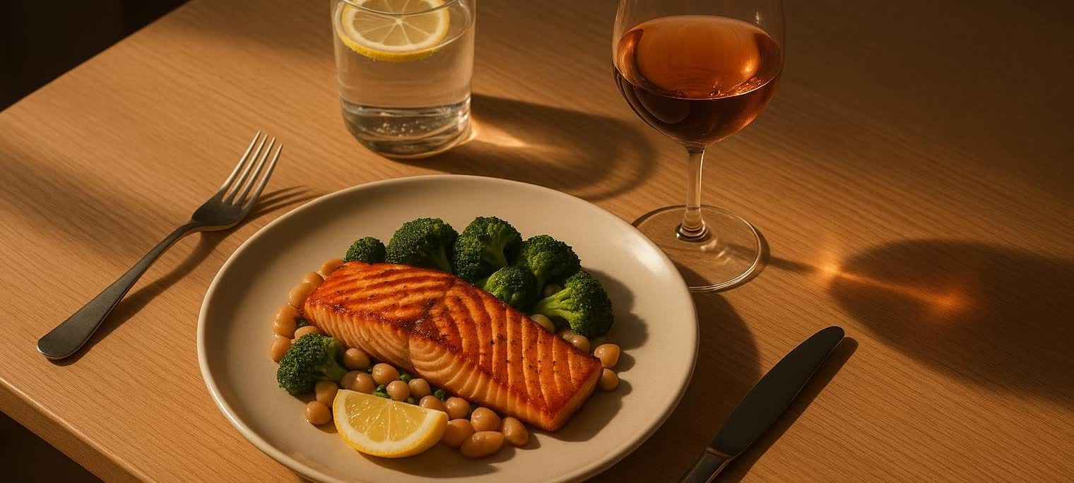 A plate of grilled salmon with a side of broccoli and white beans, garnished with a lemon wedge, sits on a wooden table. A glass of water with a lemon slice and a wine glass are also present, casting long shadows.