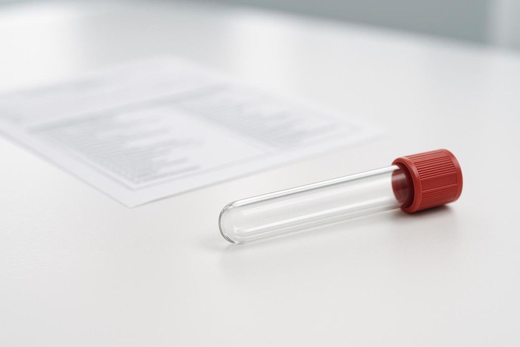 An empty, clear lab vial with a red cap, lying on its side on a clean white table, with a blurred document in the background.