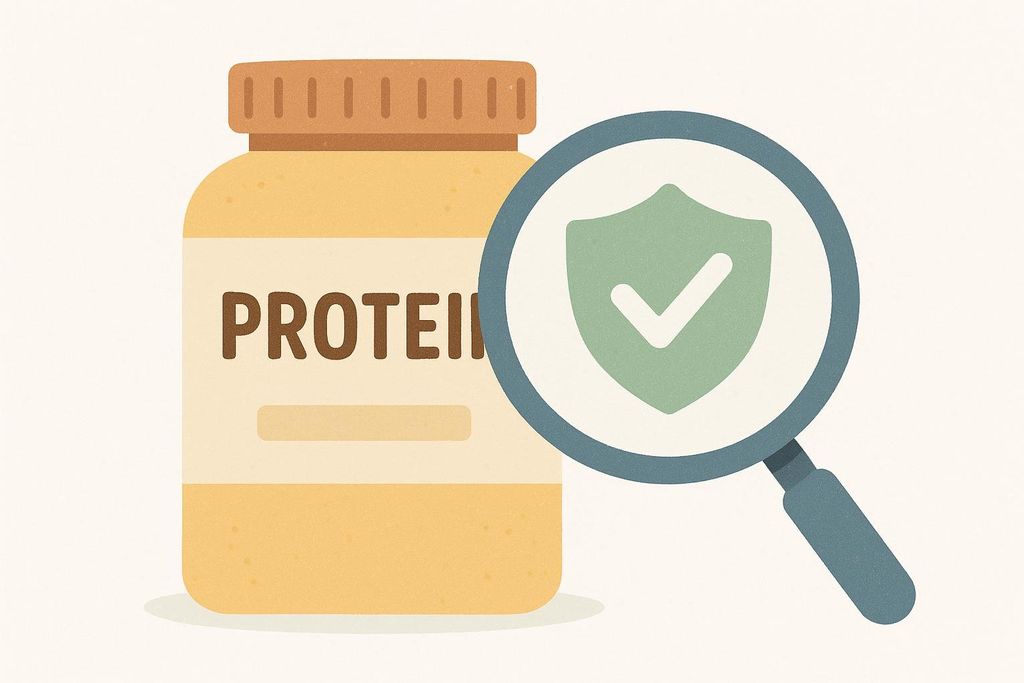 Illustration of a magnifying glass placed over a tub of protein powder, highlighting a green shield icon with a white checkmark, symbolizing safety certification or quality assurance.