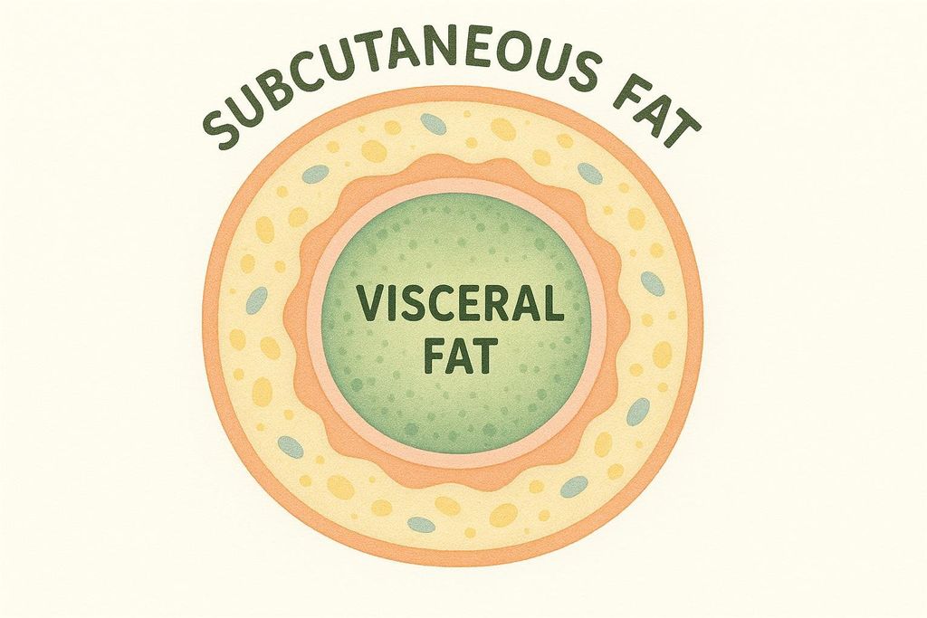 A concentric circle diagram illustrating the layers of subcutaneous fat (outer, yellow-orange) and visceral fat (inner, green). The words "SUBCUTANEOUS FAT" are arched above the outer layer, and "VISCERAL FAT" is written within the inner circle.
