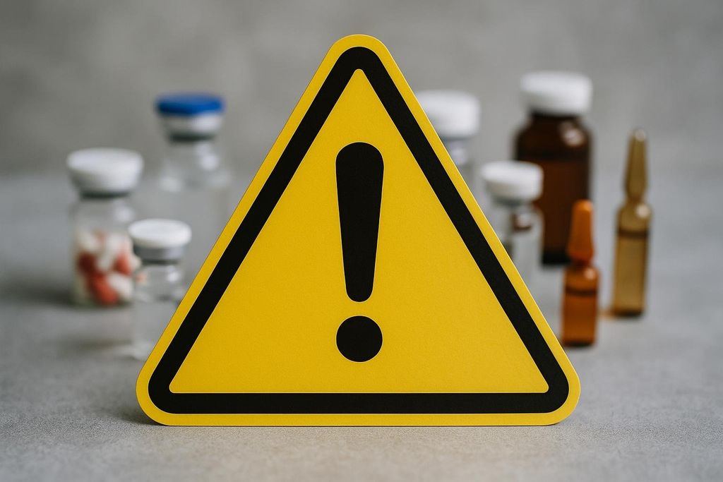 A yellow caution symbol with a black exclamation mark in the center. Behind it, several blurred medication vials and ampoules are visible, suggesting a warning related to pharmaceuticals or medical substances.