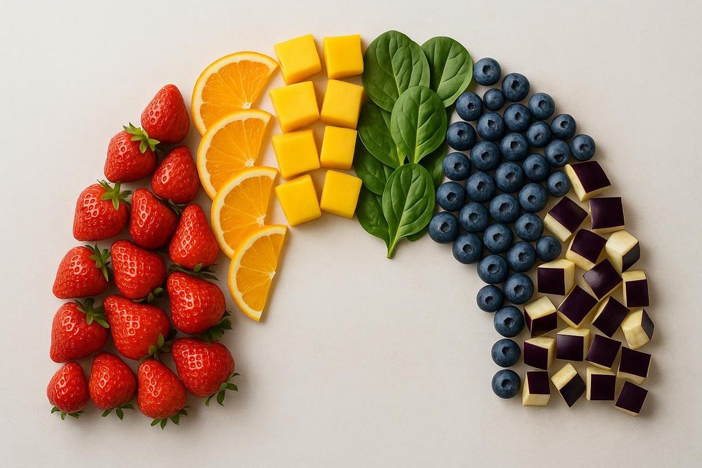 An overhead shot of an edible rainbow arc made of colorful fruits and vegetables. From left to right are strawberries, orange slices, mango cubes, spinach leaves, blueberries, and diced eggplant. The arrangement demonstrates a variety of colorful foods.