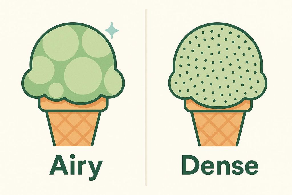 A diagram comparing airy ice cream and dense ice cream. On the left, an ice cream cone labeled 'Airy' shows a scoop of light green ice cream with larger, blotchy patterns, suggesting air bubbles, and a small sparkle next to it. On the right, an ice cream cone labeled 'Dense' shows a scoop of the same light green ice cream, but with many small, evenly distributed dark green dots, indicating a denser texture.