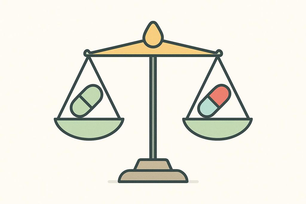 An illustration of a balanced scale with a green pill on the left and a red and light blue pill on the right, symbolizing their similar effectiveness.