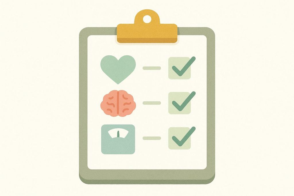 An illustration of a clipboard with a checklist for health monitoring. The checklist includes icons for heart health, brain health, and weight, each with a green checkmark indicating completion.