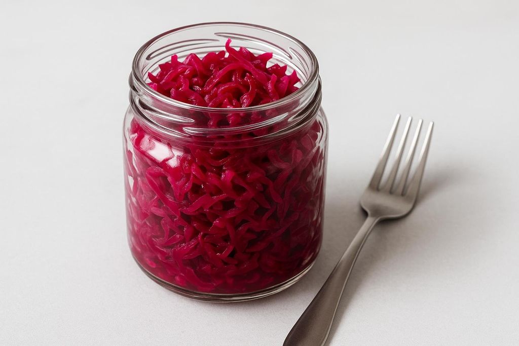 An open glass jar filled with vibrant red cabbage sauerkraut, next to a silver fork on a light grey surface. The sauerkraut appears juicy and finely shredded.