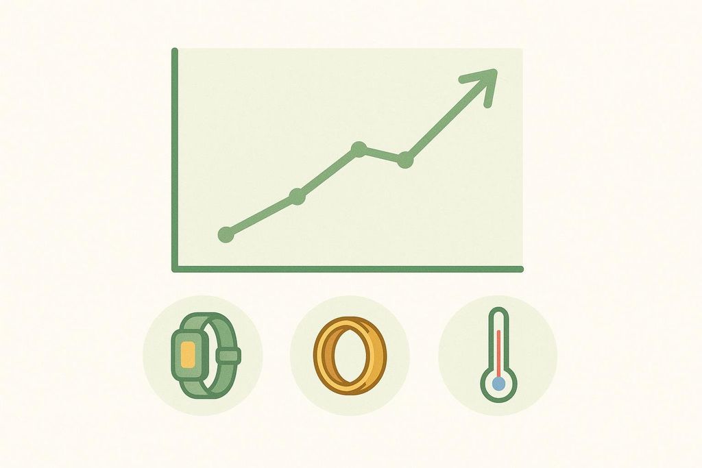 An illustration showing a rising line graph, representing positive trends in health data. Below the graph are three circular icons: a smartwatch, a smart ring, and a thermometer, symbolizing wearable health tracking devices and temperature monitoring.