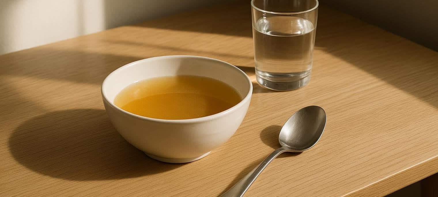 A simple bowl of broth and a glass of water, representing a gentle start to eating.