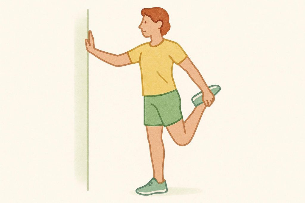 An illustration showing a person doing a standing quad stretch for a cool-down, holding a wall for balance.