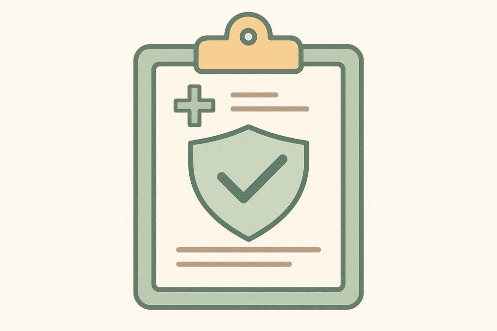 A stylized icon depicting a medical clipboard. The paper on the clipboard features a green cross at the top left, followed by two horizontal lines, and a green shield with a checkmark in its center. Two more horizontal lines are at the bottom of the paper.