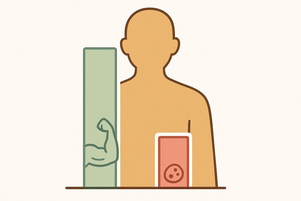 Stylized illustration of a human silhouette with two rectangular bar charts representing body composition. A tall green bar with a bicep icon signifies high lean mass, and a short red bar with a distressed face icon indicates low fat mass.