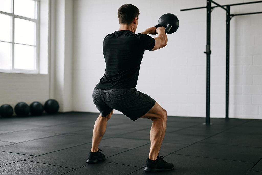 A man in a black t-shirt and dark shorts performs a powerful kettlebell swing in a brightly lit gym, facing away from the viewer. His body is in a squatting position with the kettlebell held by both hands at chest level. The gym features dark rubber flooring, white brick walls, and some exercise equipment in the background.