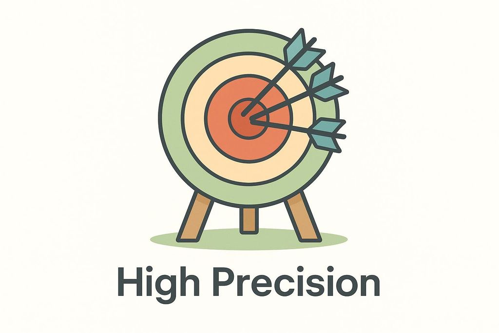 An illustration of a target with three arrows grouped tightly in the center bullseye, below which the words 'High Precision' are written in bold, dark gray letters.