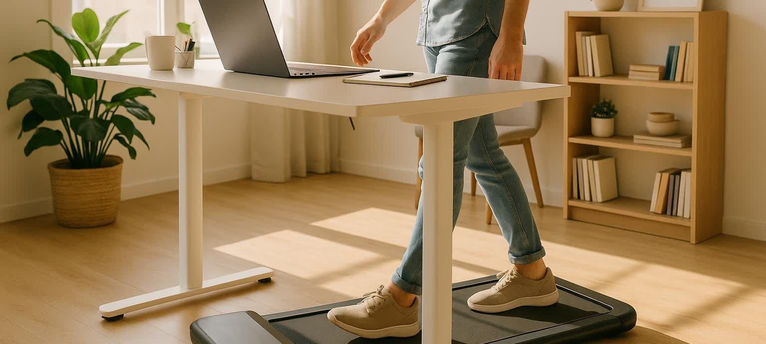 A person is walking on an under-desk treadmill in a bright, modern home office. The person is wearing jeans and sneakers, and there's a laptop, notepad, and coffee cup on the standing desk. A large plant and a wooden bookshelf are also visible in the sunny room.
