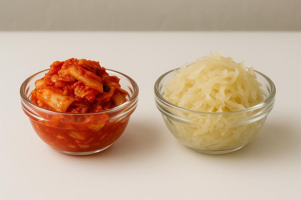 A side-by-side comparison of red kimchi in a glass bowl on the left and pale yellow sauerkraut in a glass bowl on the right, both against a plain white background.