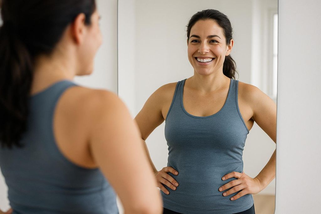 A woman in a blue tank top smiles confidently at her reflection in a mirror, hands on her hips.