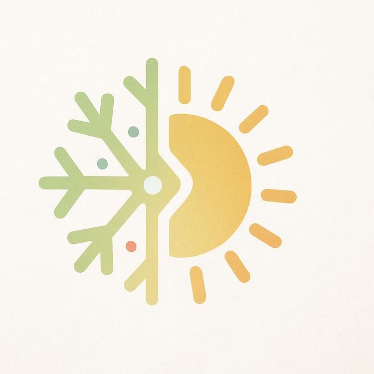 An icon representing changing seasons, with a green snowflake on the left gradually transforming into a yellow half-sun with rays on the right, all against a textured white background.