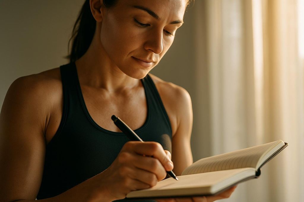 A woman in workout clothes is writing in a journal with a pen.