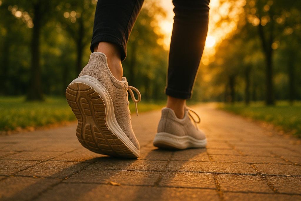 Close-up of a person's feet in light-colored sneakers walking on a paved park path. The sun is setting, casting a warm golden glow on the path and trees in the background.