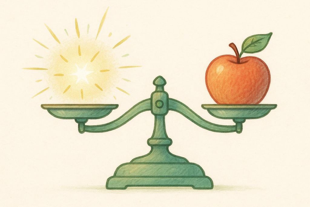 An illustration of a green balance scale with a glowing energy spark on the left pan and a red apple on the right pan, perfectly balanced. This represents the concept of a caloric deficit for weight loss or energy management.