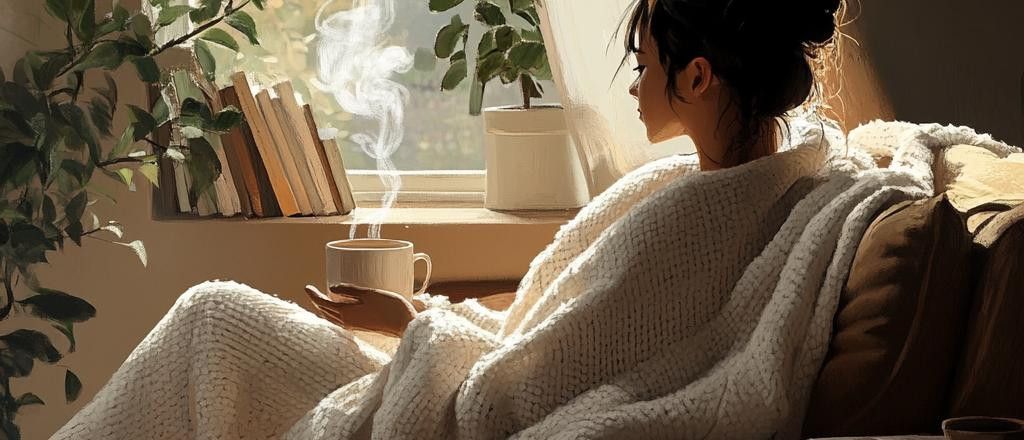 A woman is wrapped in a blanket, drinking coffee, and looking out a sunny window with books and a plant on the sill.
