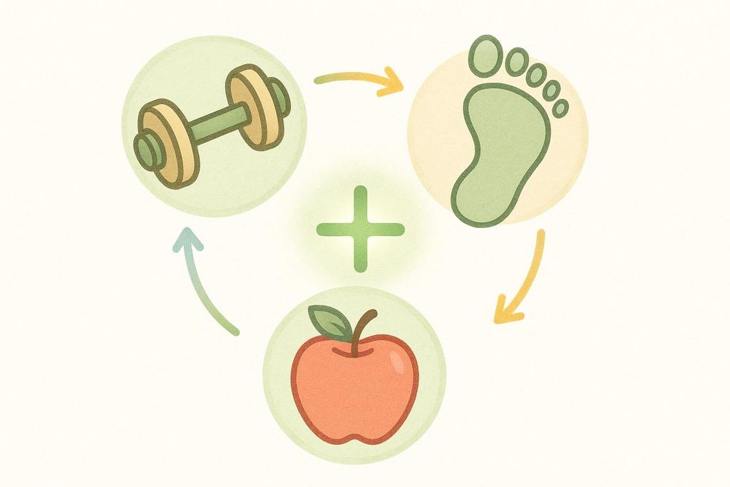 Illustration showing a circular flow of three icons representing elements of health: a dumbbell for strength training, a footprint for walking or cardio, and an apple for diet. Arrows connect them in a cycle, pointing towards a central plus sign, symbolizing their synergy for amplifying health results.