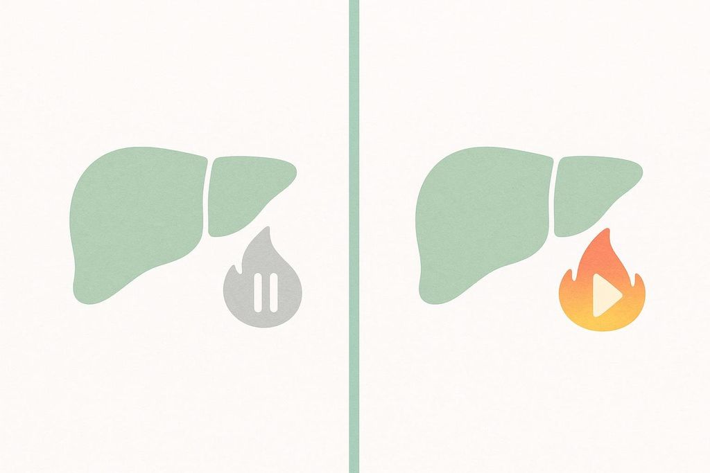 A two-panel illustration visually explaining the impact of alcohol on fat burning. The left panel shows a green liver icon with a grey flame icon containing a pause symbol, indicating paused fat burning in the presence of alcohol. The right panel shows the same green liver icon with an orange and yellow flame icon containing a play symbol, indicating active fat burning when alcohol is absent.