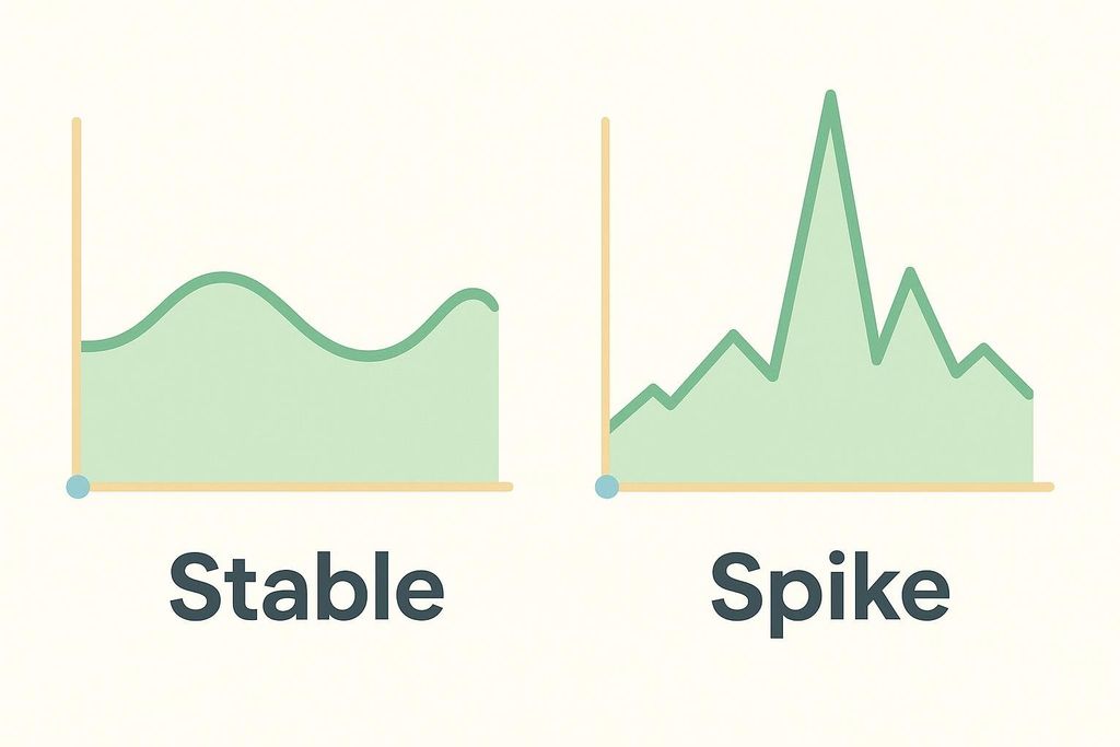 Illustration comparing two graphs. The first graph, labeled 'Stable', shows a gently fluctuating, wave-like line. The second graph, labeled 'Spike', shows a line with dramatic, sharp peaks and valleys.