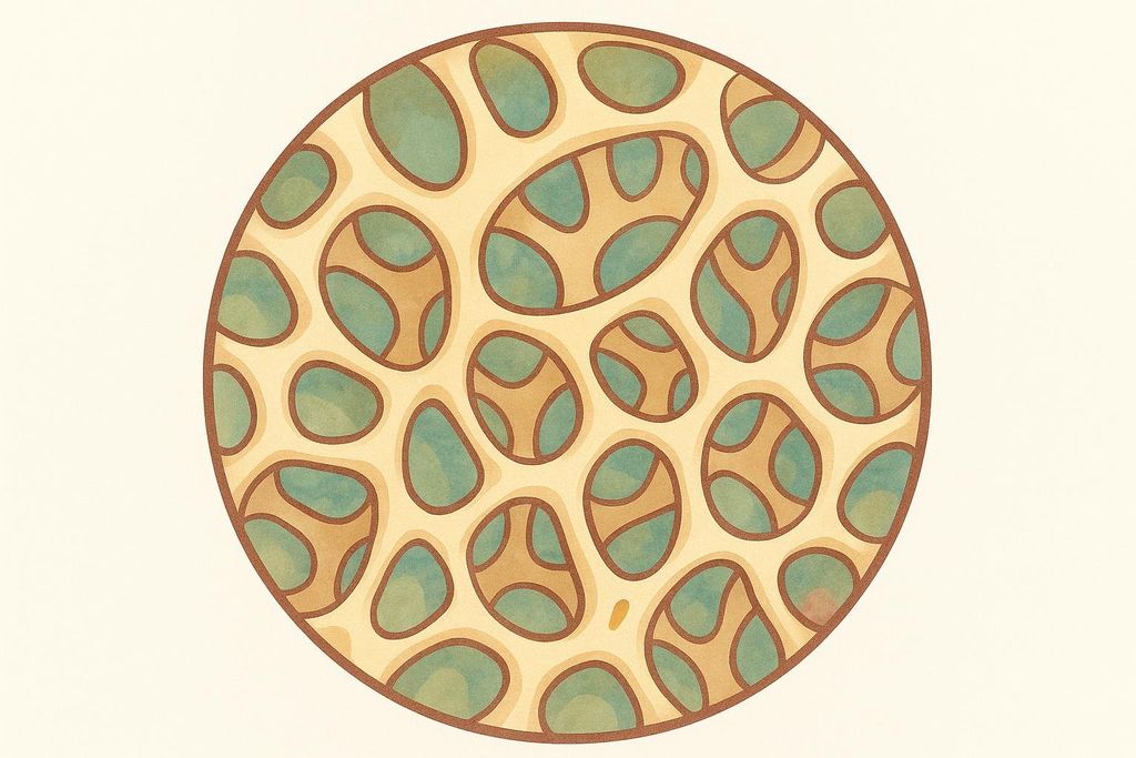 Illustration showing the dense, sponge-like structure of healthy bone, depicted as a circular pattern of interconnected, irregularly shaped outlines filled with varying shades of beige and blue-green.