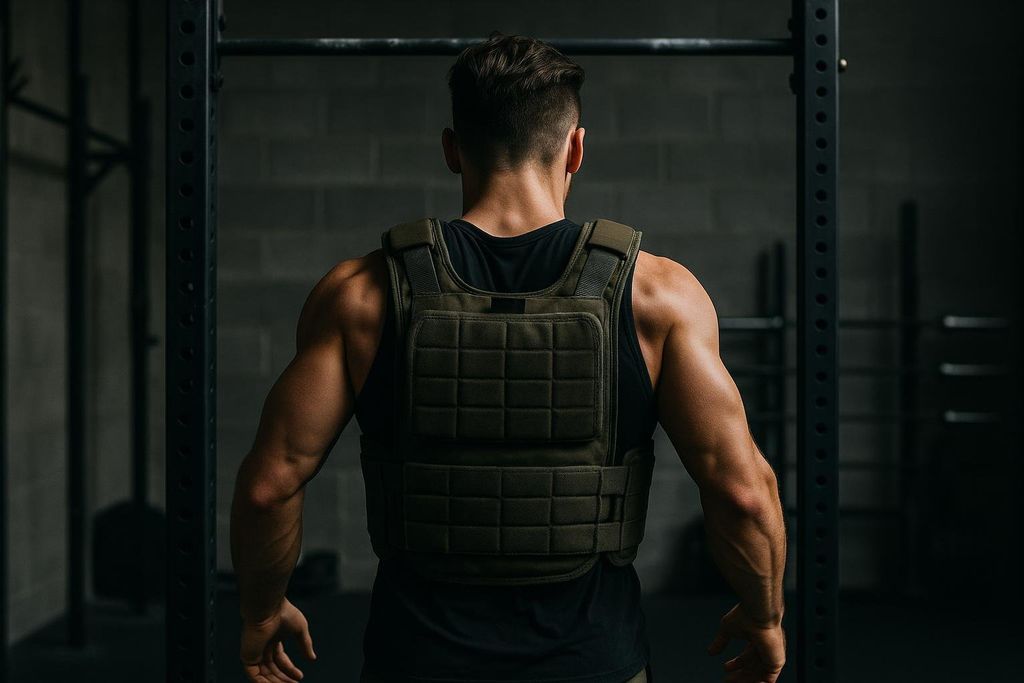 A man with muscular back and shoulders, wearing a dark green weighted vest and a black tank top, stands facing away from the camera in a gym setting. A metal pull-up bar frame is visible to his left.