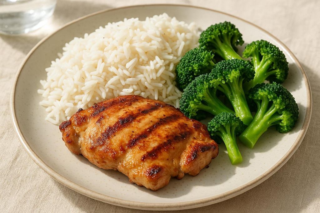 A healthy meal on a plate with grilled chicken, a portion of white rice, and several bright green broccoli florets.